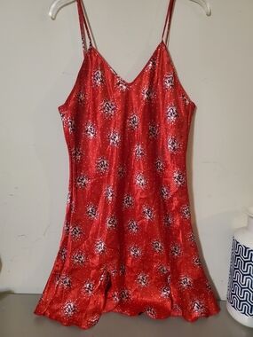 Y2k 90s Red Floral Satin Slip Dress